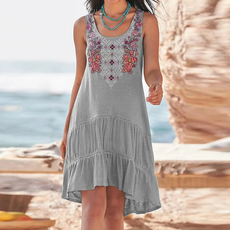 

Summer Vintage Floral Print Straps Dresses Women Casual Loose Sleeveless Ruffle Dress Fashion Off Shoulder Irregular Party Dress