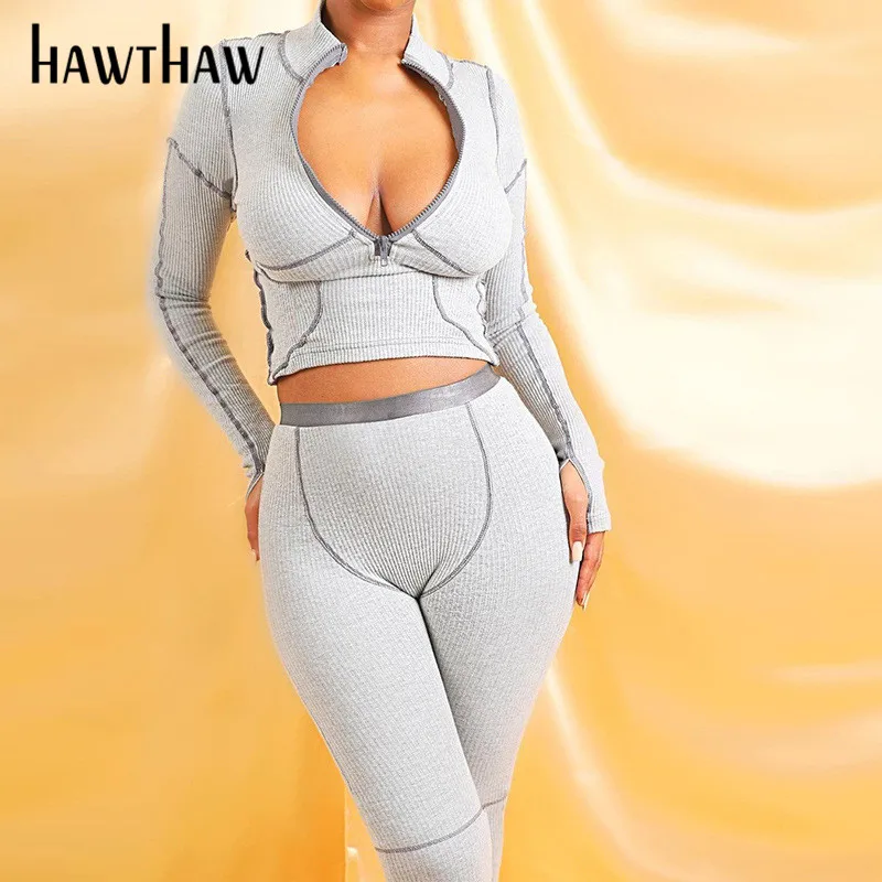 

Женский спортивный костюм Hawthaw, укороченный топ с длинным рукавом и длинные брюки в стиле пэчворк, Осень-зима 2021