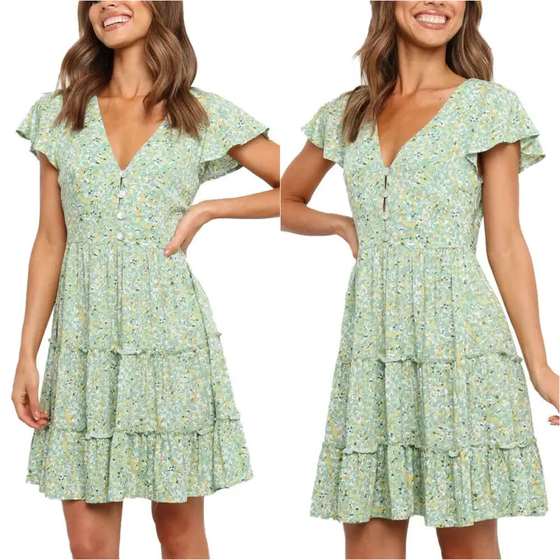 

Women Short Sleeve Floral Mini Dress Holiday Ladies Summer Casual Beach Dresses
