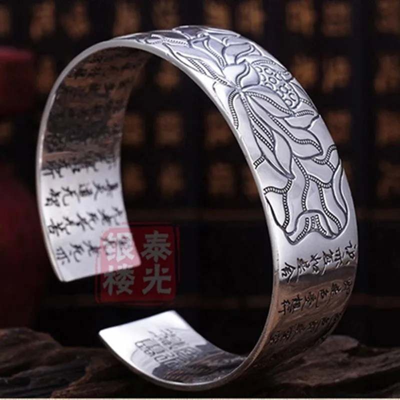 

MEYRROYU 925 Silver Bangle Lotus Thai Silver Religious Buddhist Scripture Open Bracelet Jewelry Unisex Jewelry Wholesale