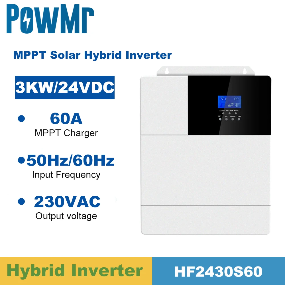 

PowMr MPPT 3000W Solar Inverter Hybrid DC24V to AC 230V Pure Sine Wave Built-in MPPT 60A Solar Controller Maximum PV Input 100V