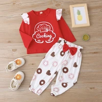 new baby girl clothes winter 2 piece set letter long flying sleeve topsdonuts print bow trousers sweet kids girls outfits 0 18m