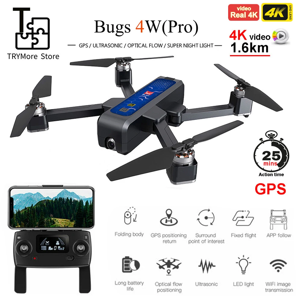 Try Bugs 4w B4w Real 4k Fhd камера 5g Wifi Gps бесщеточный складной Дрон антивибрационный 1 6 км 20