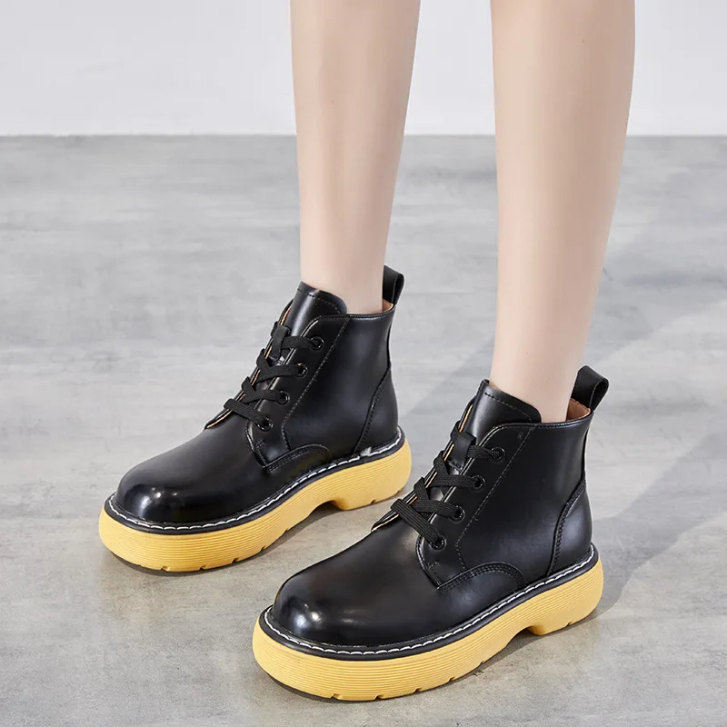 

2021 New Ladies Lace Up British Style Thick-soled Round Toe Increase Real Cowhide Martin Boots Y-20