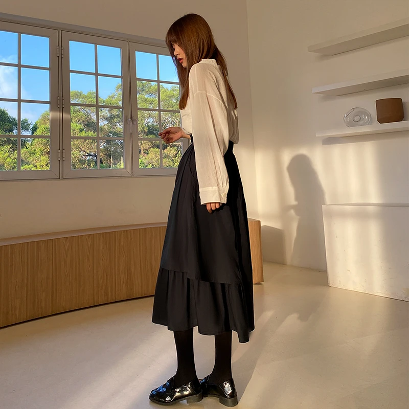 

IEQJ Patchwork Ruffles Pleated High Elastic Waist Half-body Skirt Women Fashion Black A-line Asymmetrical New Spring 2021 8P283