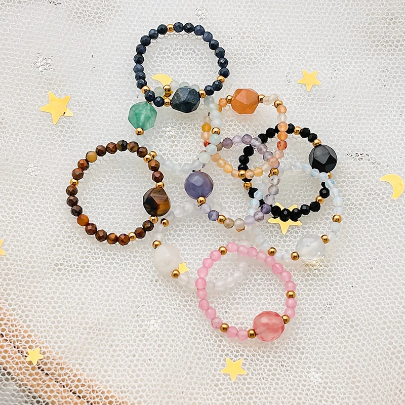 

Natural Stone Beaded Rings for Women Crystal Stainless Steel Simple Fashion Elastic Rope Ring Handmade Wedding Party Jewelry