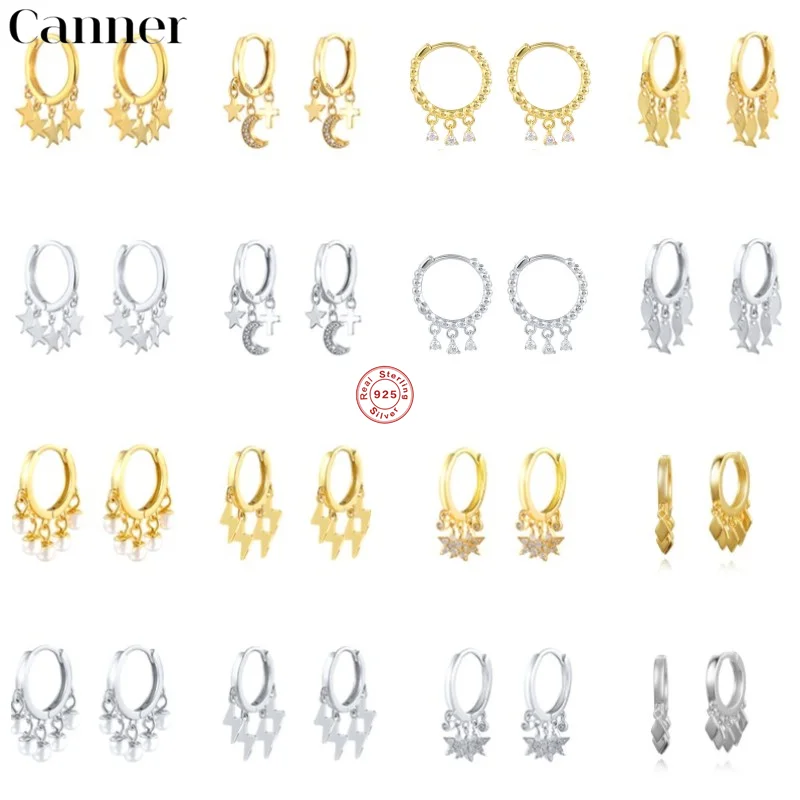 

Женские серьги-подвески CANNER из стерлингового серебра 925 пробы в виде звезды и Луны, круглые серьги для пирсинга Huggie, модные ювелирные украше...