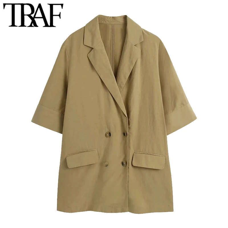 

Блейзер TRAF женский льняной, модный двубортный винтажный блейзер с коротким рукавом, с клапанами и карманами, верхняя одежда, шикарный жакет