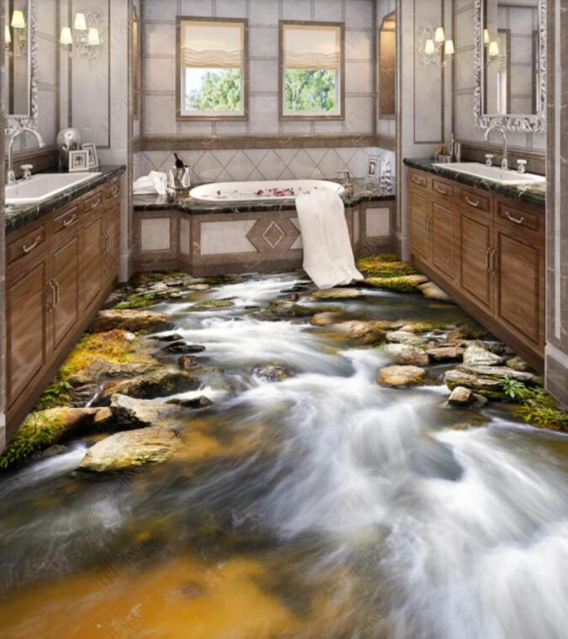 

PVC mountain flowing water natural landscape non-slip waterproof self-adhesive 3D floor sticker tiles bathroom 3D wallpaper