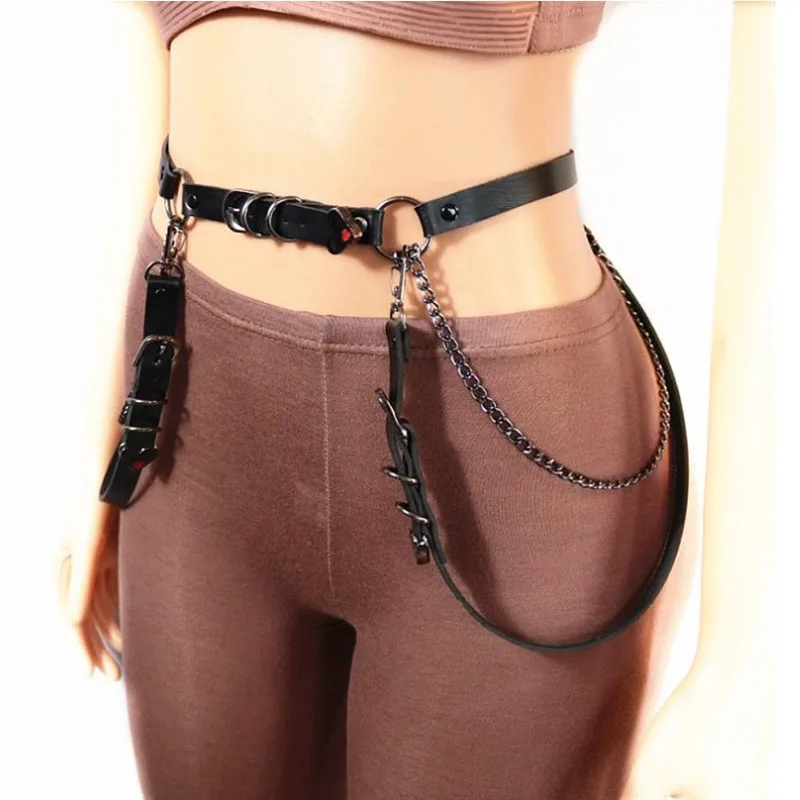 High Quality Women Belt Adjustable Black Leather Buckle Belt Metal Chain Waist Strap Street Decorative Waistband belt For Skirts
