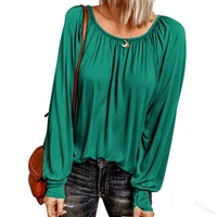 womens round neck long sleeves solid color cotton and linen series casual loose and comfortable t shirt