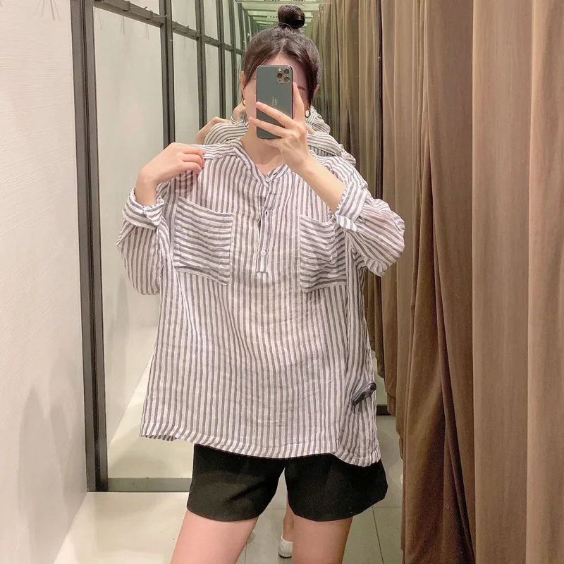 

Summer 2021 Za Cotton Casual Oversized Striped Shirts for Women Front Pockets Button Up Shirt Woman Long Sleeve Plus Size Tops