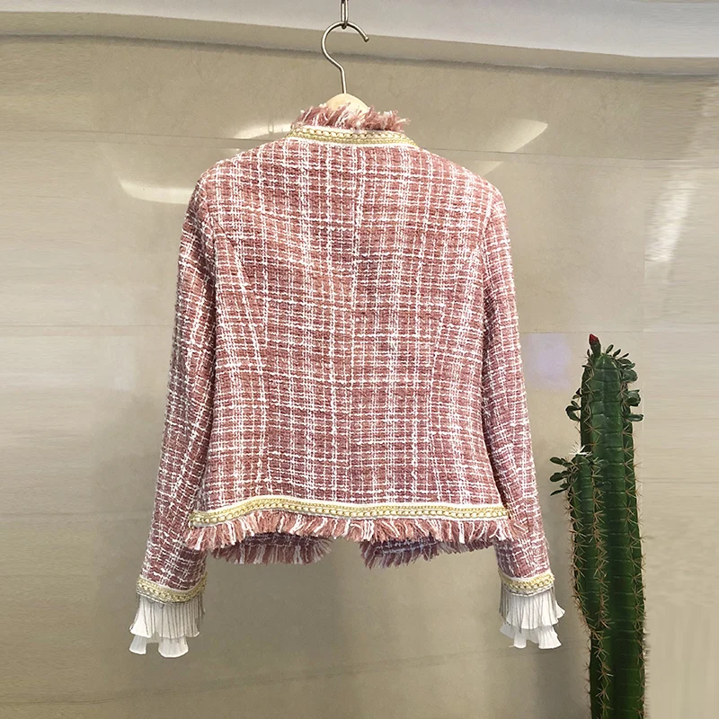 Женское твидовое пальто высокого качества розовая клетчатая куртка с длинным