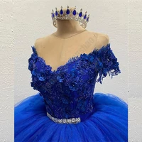 exquisite royal blue quinceanera dress off the shoulder for 15 girls ball gown tulle appliques crystal flower beads prom vestido