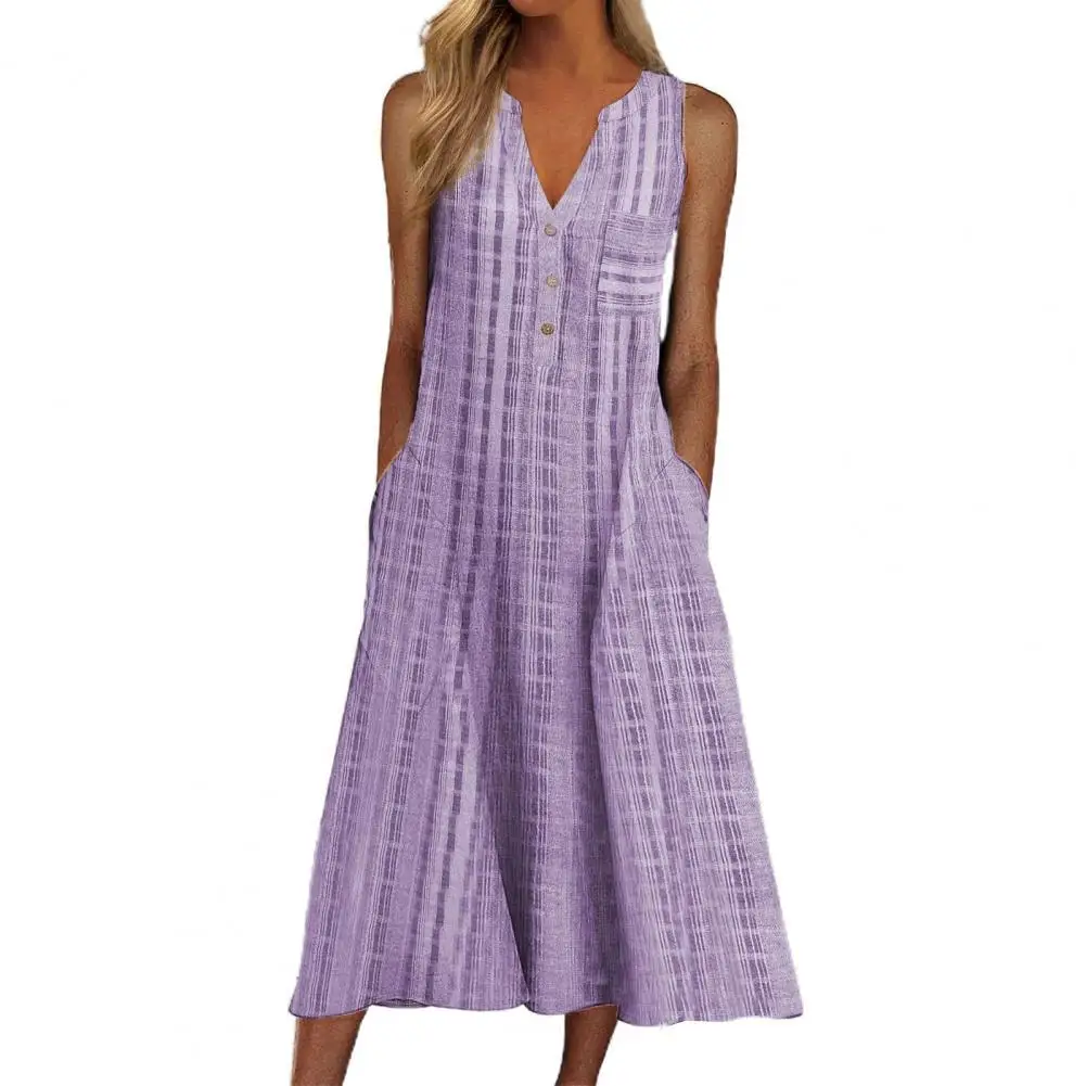 

Summer Women Elegant Dress 2021 Striped V Neck Sleeveless Female Sundress Pockets Buttons Loose Women Dress Office vestidos