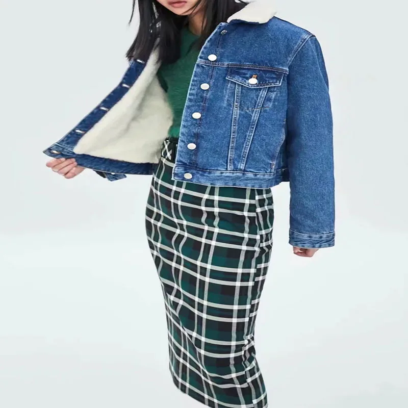 

Fashionable Personality Fleece Denim Composite Plush Button Lapel Winter Warm Coat Jacket