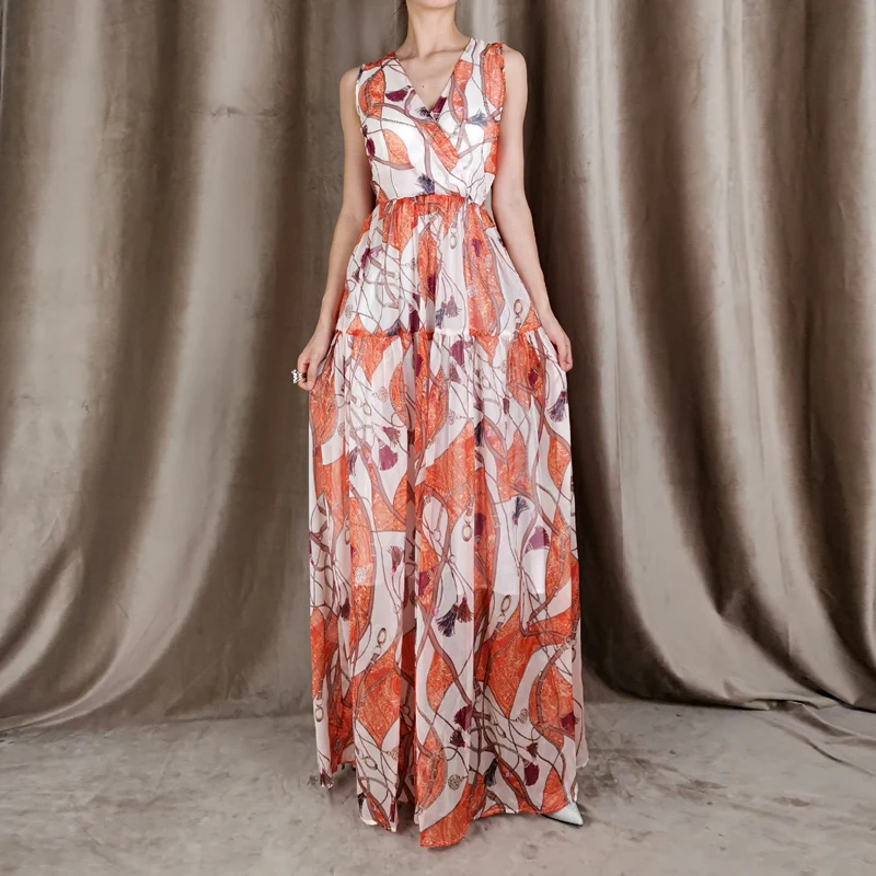 

Long Dress High Quality Summer Women'S Fashion Party Sexy Bohemian Beach Vintage Elegant Chic Gentlewoman V-Neck Vest Dresses