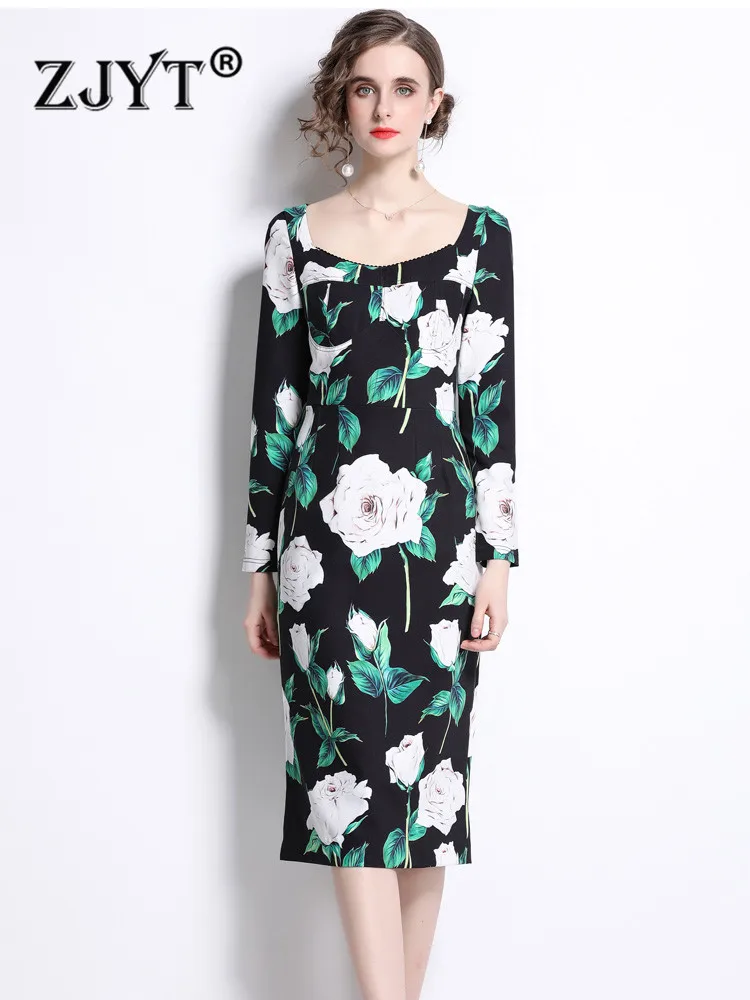 

Runway Fashion Designers Spring Floral Print Dresses for Women Elegant Square Collar Long Sleeve Midi Party Vestidos Office Robe