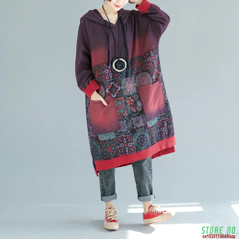 

Drawstring Hooded Long Dress Women Oversize Bat Sleeve Knitted Cowboy Dresses Plus Size Baggy Washed Vintage Printed Dresses