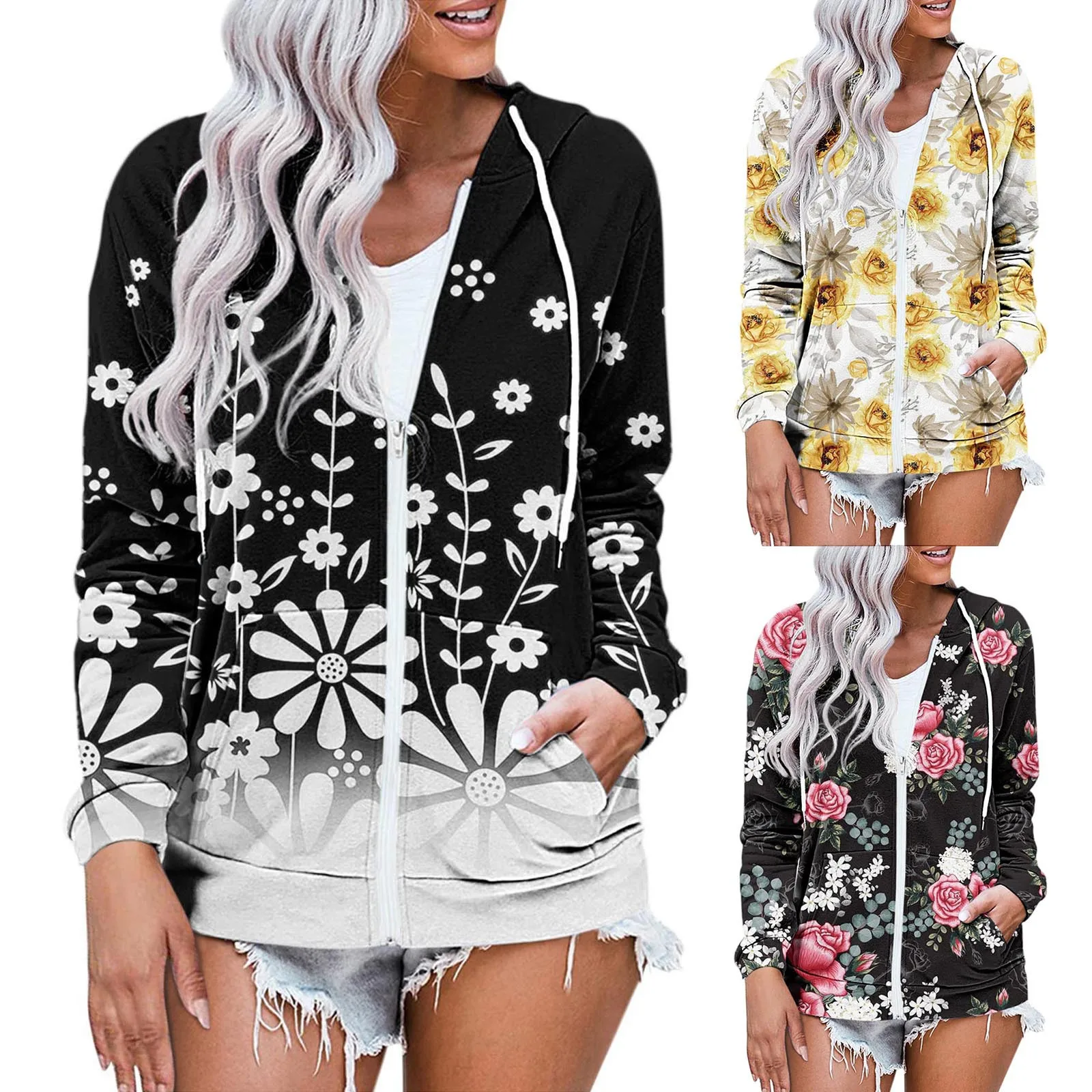 

Осенняя куртка, пальто, женские туники с длинным рукавом и цветочным принтом, худи на молнии, свитшот, повседневный с цветочным принтом, на м...
