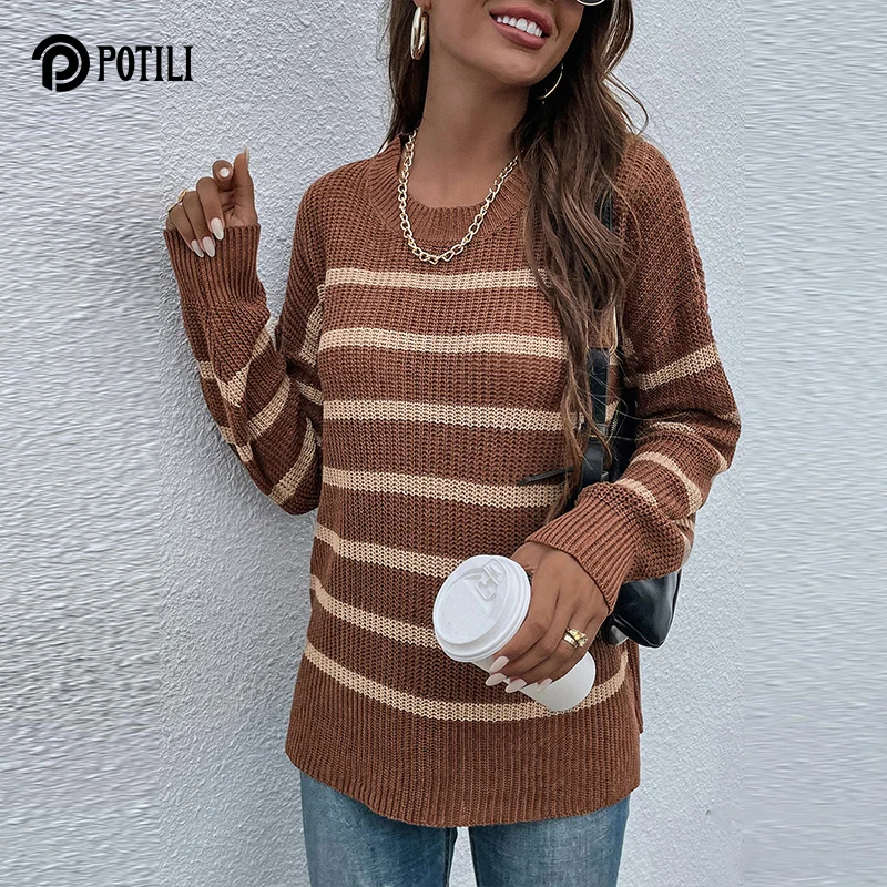 

Осенние Полосатые свитера POTILI, модные повседневные пуловеры, толстые коричневые базовые топы с круглым вырезом, Корейская уличная одежда, ж...