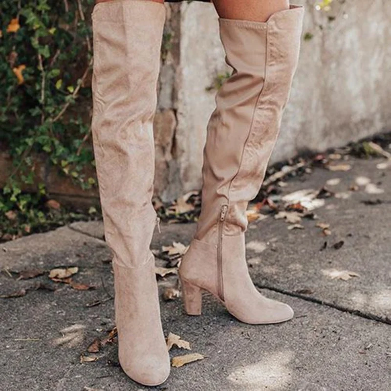 

Sexy Women's Rounded Toe Middle Thick Heels Over-the-Knee Boots Side Zipper Solid Suede Long Thigh Booties Autumn Winter