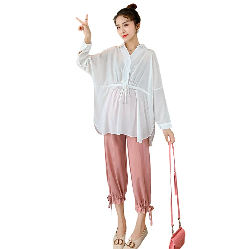 

880# 2021 Summer Chic Ins White Cotton Maternity Blouse + Belly Pants Sets Sweet Clothes for Pregnant Women Pregnancy Suits