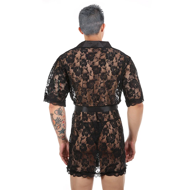 S-2XL Men Lace See-Through Floral Loose T-back Belt Long Nightgown Sleepwear Smooth Comfortable Short Sleeve Bathrobe