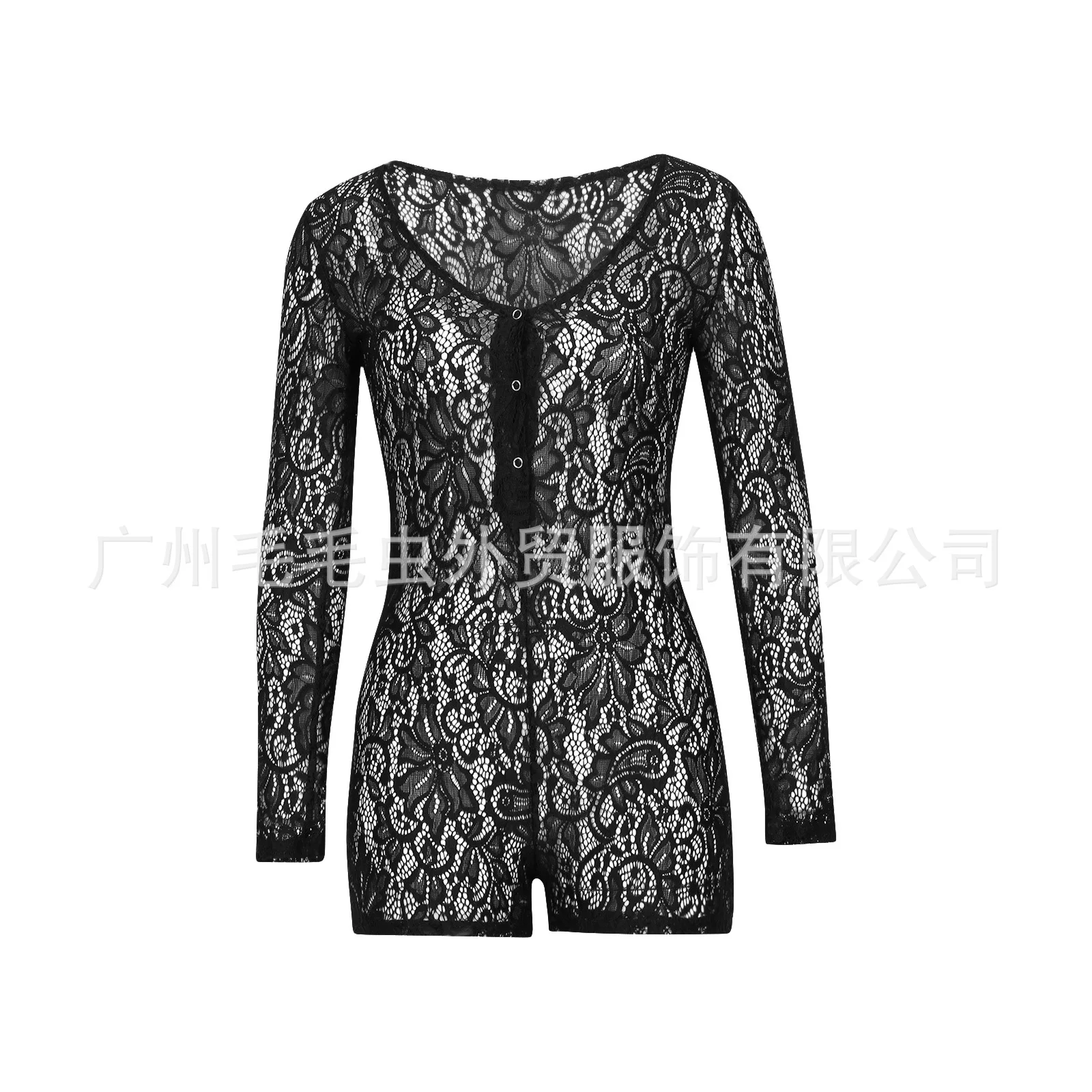 

2021 Europe and the United States sexy deep V-neck lace hollow long-sleeved button jumpsuit women's skinny jumpsuit