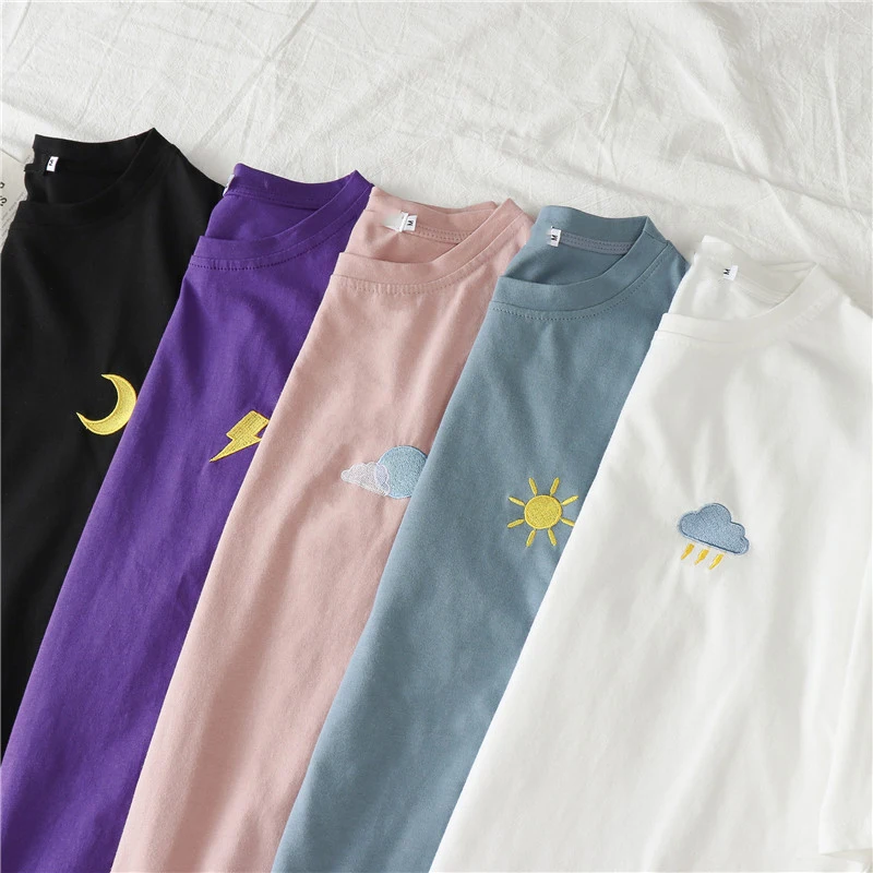 oversized shirt loose Weather pattern embroidery Harajuku vintage t-shirt fashion summer korea casual female T-shirt | Женская одежда