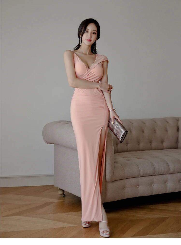 Однотонные высокий разрез пикантное платье с v образным вырезом Тонкие вечерние
