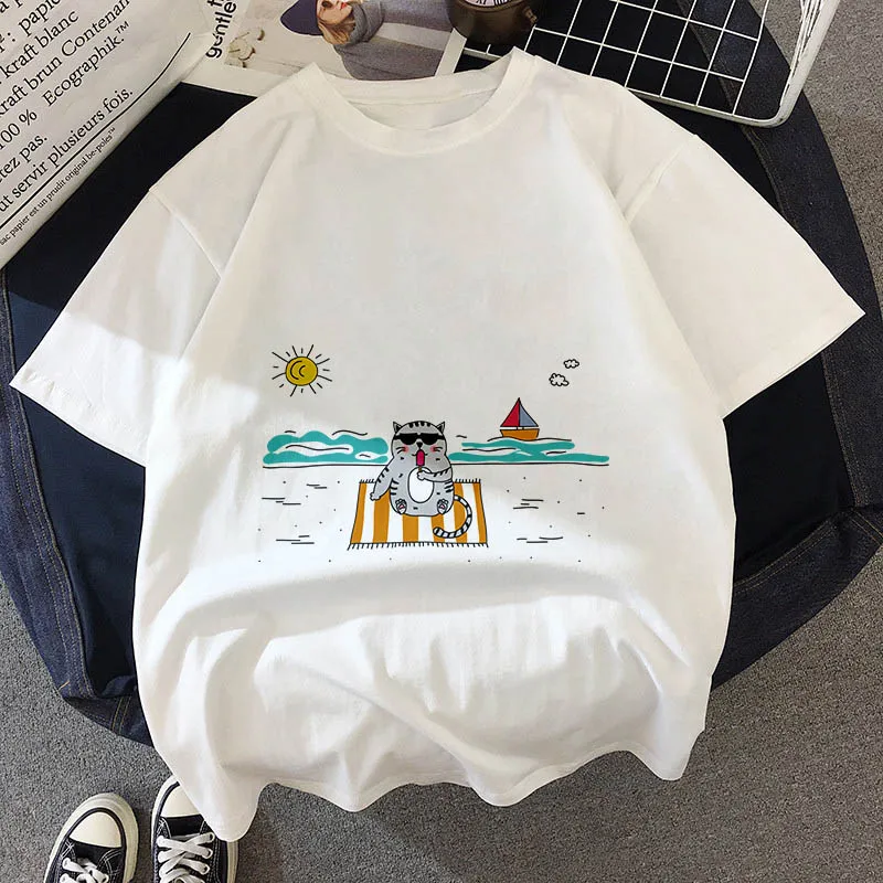 Kawaii, футболка с толстым котом, женская, новинка, летняя, милая, модная, короткий рукав, футболка, белая, тонкая, с секциями, хипстер, футболка, Топы, одежда
