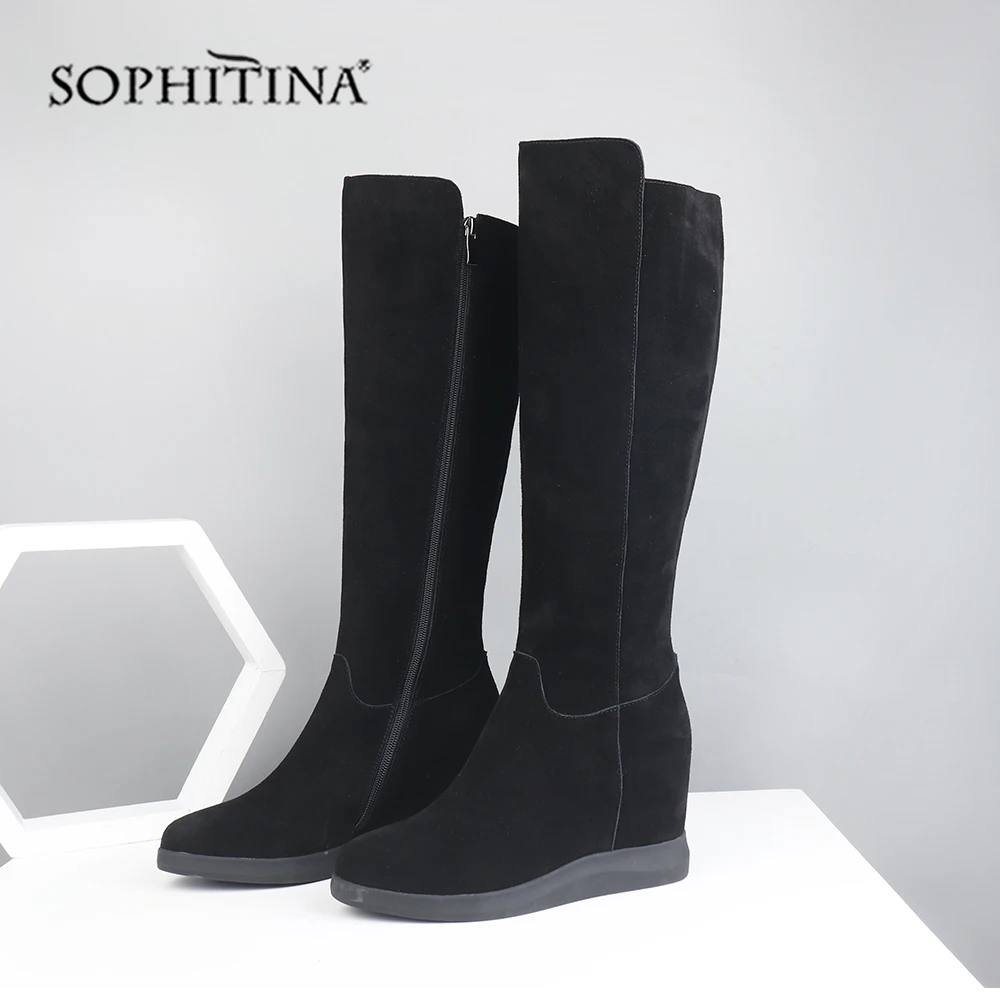 Ботинки женские замшевые на танкетке с круглым носком молнии | Обувь