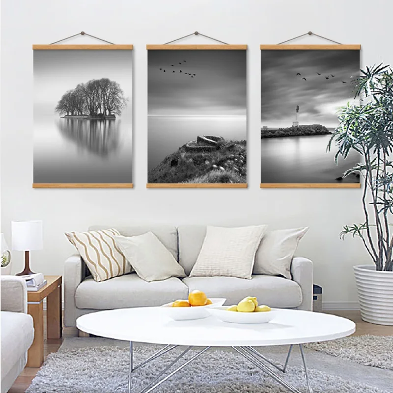 

New Design Nordic Gray Lake Tree Island Landscape Minimalist Style Printed Canvas Painting Living Room Wall Art Frameless Poster