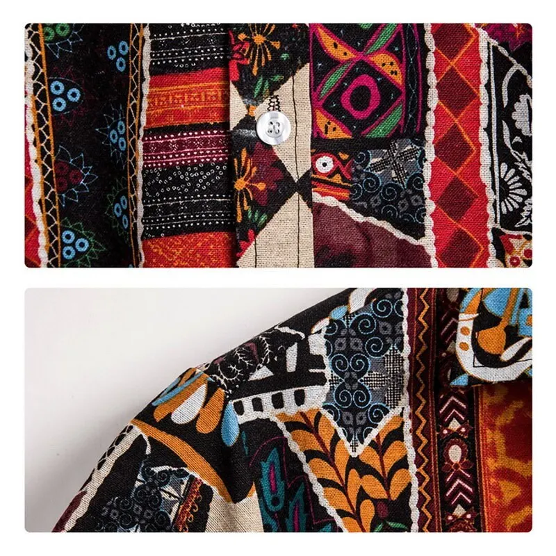 

2021 Cotton Linen shirt Hawaiian Men Shirts Short Sleeve Slim Fit Floral ethnic Tee Casual Beach Shirts Camisas Mens Clothing