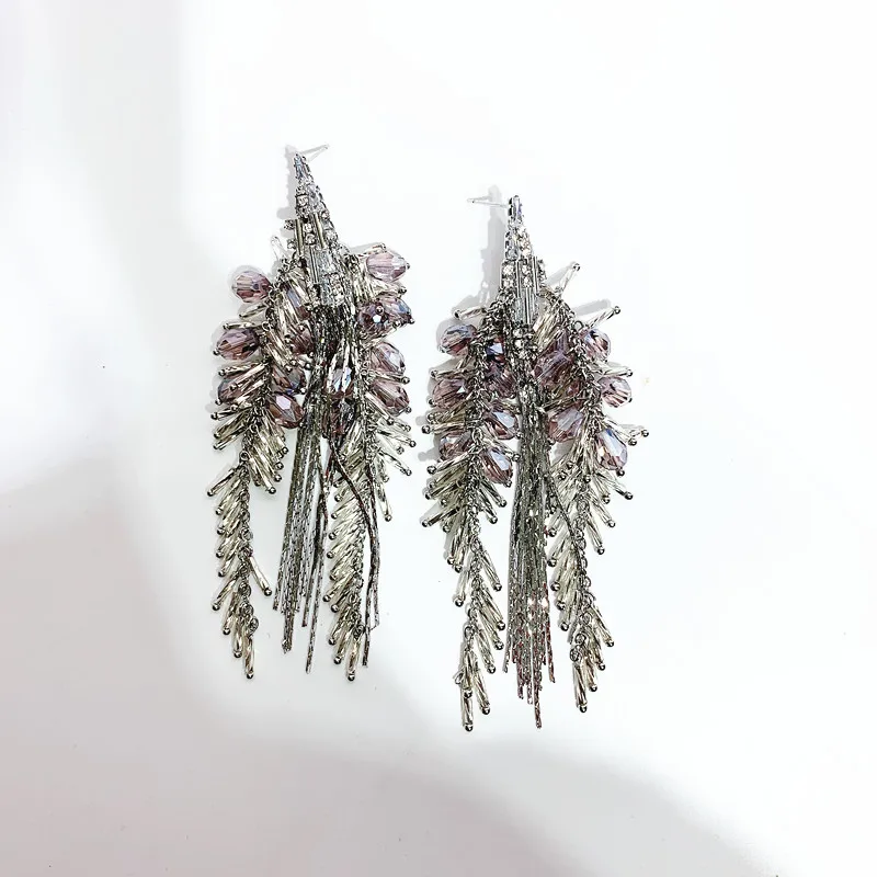 

South Korea RO Super Fairy Luxury Department Crystal Wheat Ear Shape Tassel Earrings