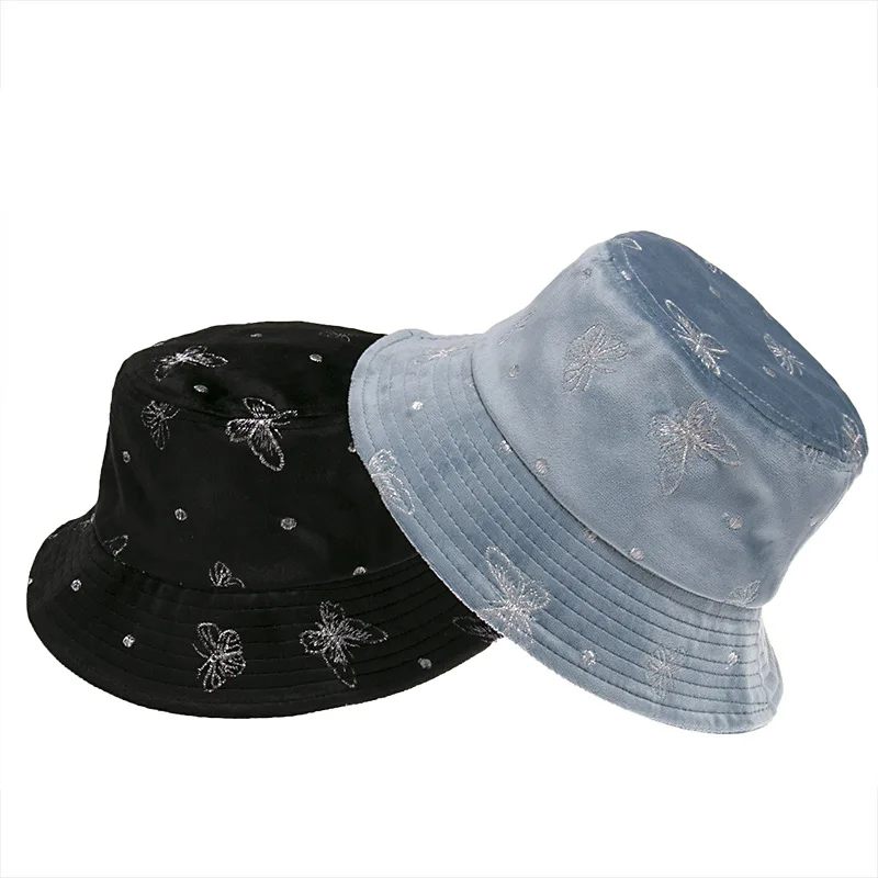 

New Fashion Panama Cap Fisherman Hat Butterfly Embroidery Velvet Bucket Hat Women Winter Bob chapeau Femme gorros mujer invierno