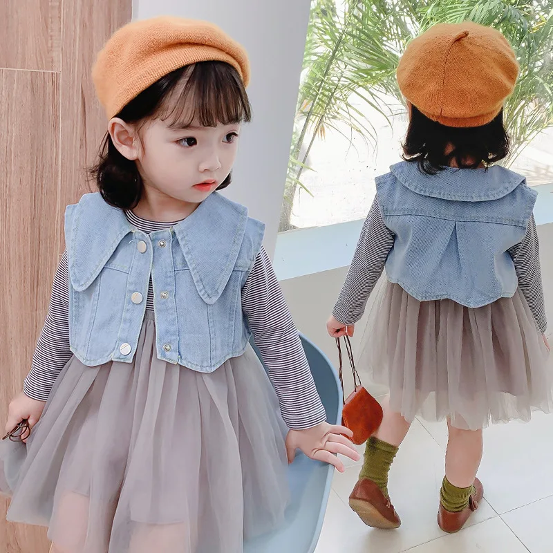 Новое модное весеннее детское платье с длинным рукавом Корейская версия