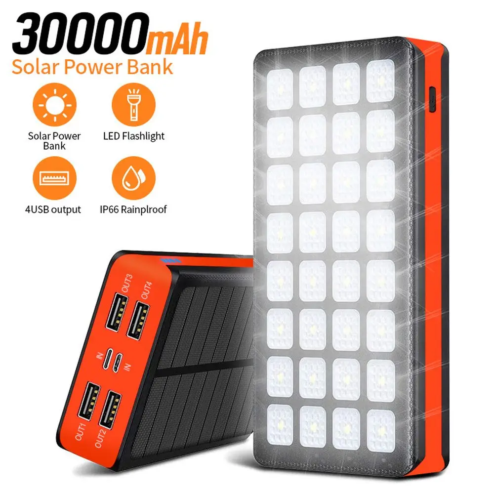 

PINZHENG Solar Power Bank 30000mAh Waterproof Four USB Output With LED Camping Lights External Battery For iPhone Xiaomi Samsung