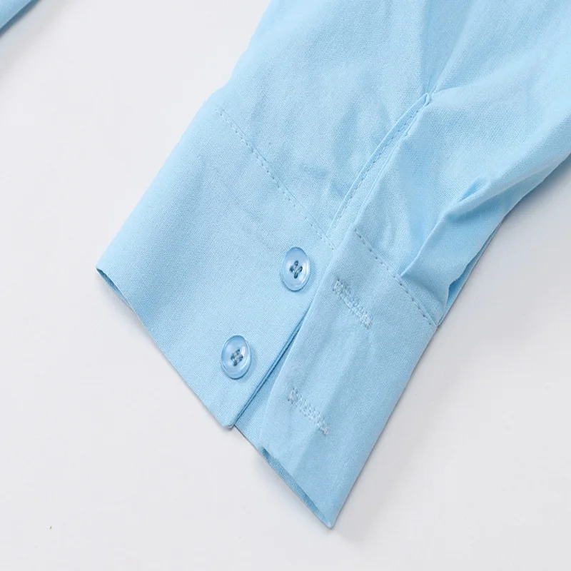 

Autumn new Korean version of fake two-piece shirt blue single row multi-button