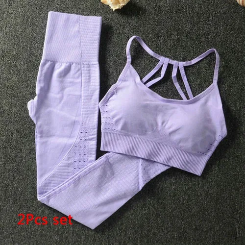 Violet 2 Piece Энергетический бесшовный Набор для йоги Женская одежда для фитнеса спортивная женская спортивная одежда леггинсы для спортзала сексуальный спортивный бюстгальтер 2 шт. спортивные костюмы - Цвет: Violet 2 Piece