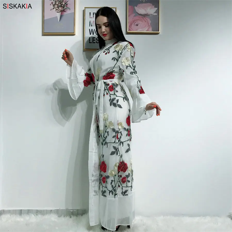Siskakia роскошное кружевное платье абайя с вышивкой, модное платье с расклешенными рукавами, Дубай, кардиган, халаты, лето, Исламская одежда