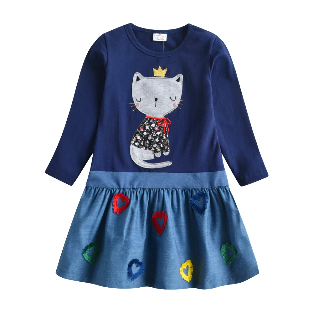 VIKITA Kids Cotton Print Dress Girls Cat Rabbit Cartoon Appliqued Casual Dresses Children Long Sleeve Autumn Spring Dresses
