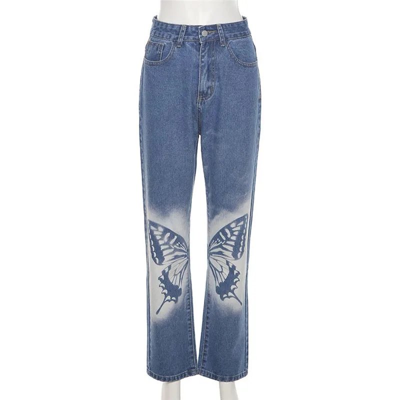 

2021 Summer Fashion Denim Pants Women High Waist Butterfly Printed Jeans Streetwear Straight Jeans Cowboy Vintage Trouser Female
