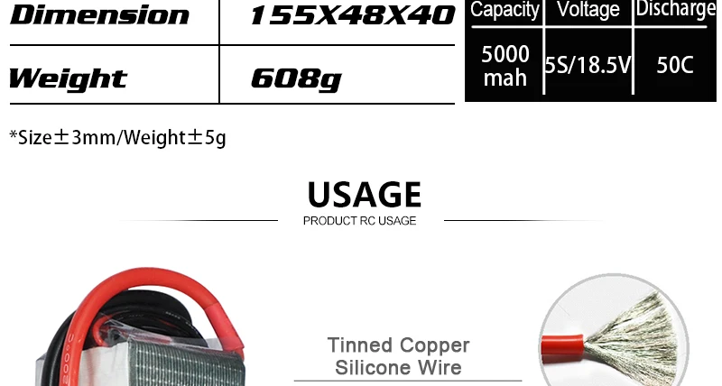 HRB Lipo 5S 18.5V Battery, 1S5X48X40 Capacity Voltage Discharge 5000 Weight 608