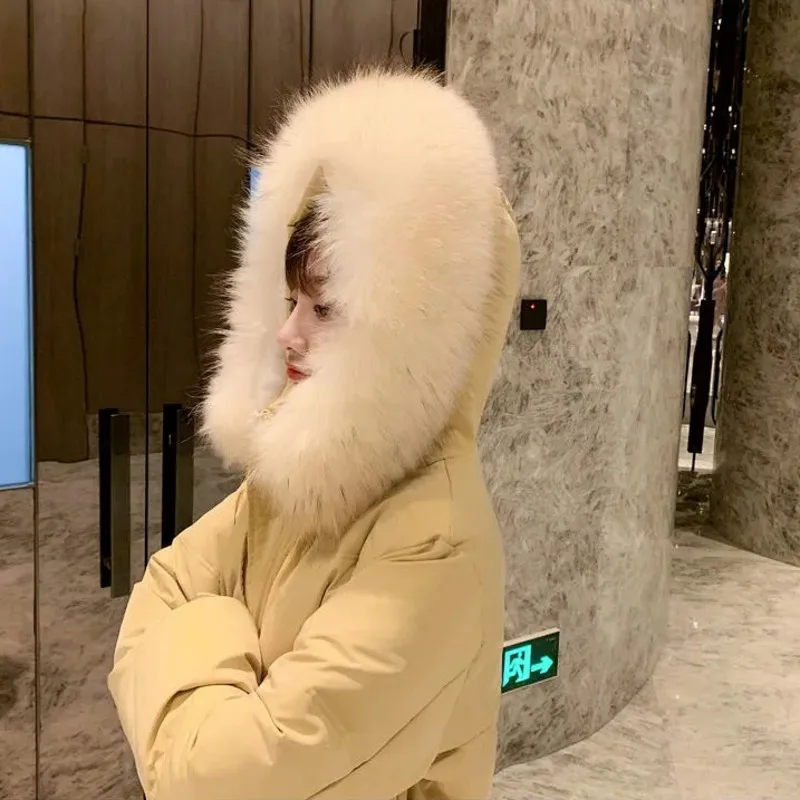 

Winter White Duck Down Jacket Women Mid-length Fashion Large Real Fox Fur Collar Hat Belt Elegant Office Lady Warm Long Parka