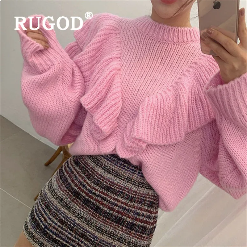 Женский свитер оверсайз RUGOD вязаный с оборками зимний в Корейском стиле 2019 |