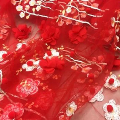 Red Новая мягкая сетчатая трехмерная вышитая кружевная ткань с бусинами, лепестками цветов, платье, Женская юбка, ткань - Цвет: Red