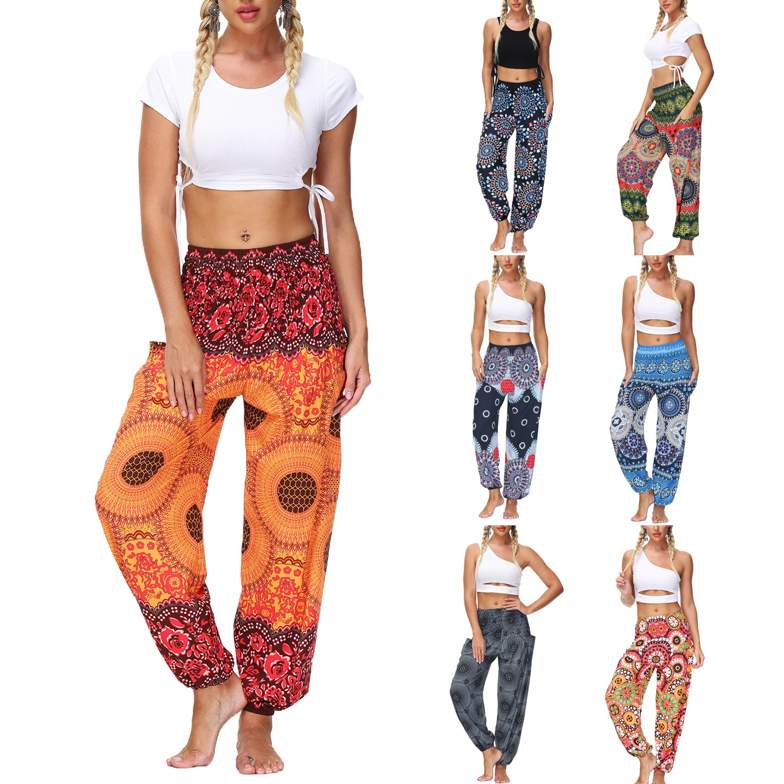 

Женские штаны для йоги с высокой талией, свободные длинные штаны с принтом и фонариками, с карманами, для лета