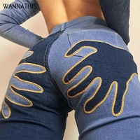 wannathis denim patchwork womens flare baggy jeans palm art high waist pants vintage button streetwear harajuku pantalones 2021